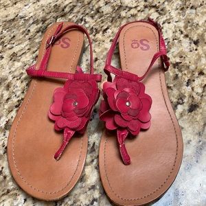 Leather and suede sandals, pink flower, size 7.5